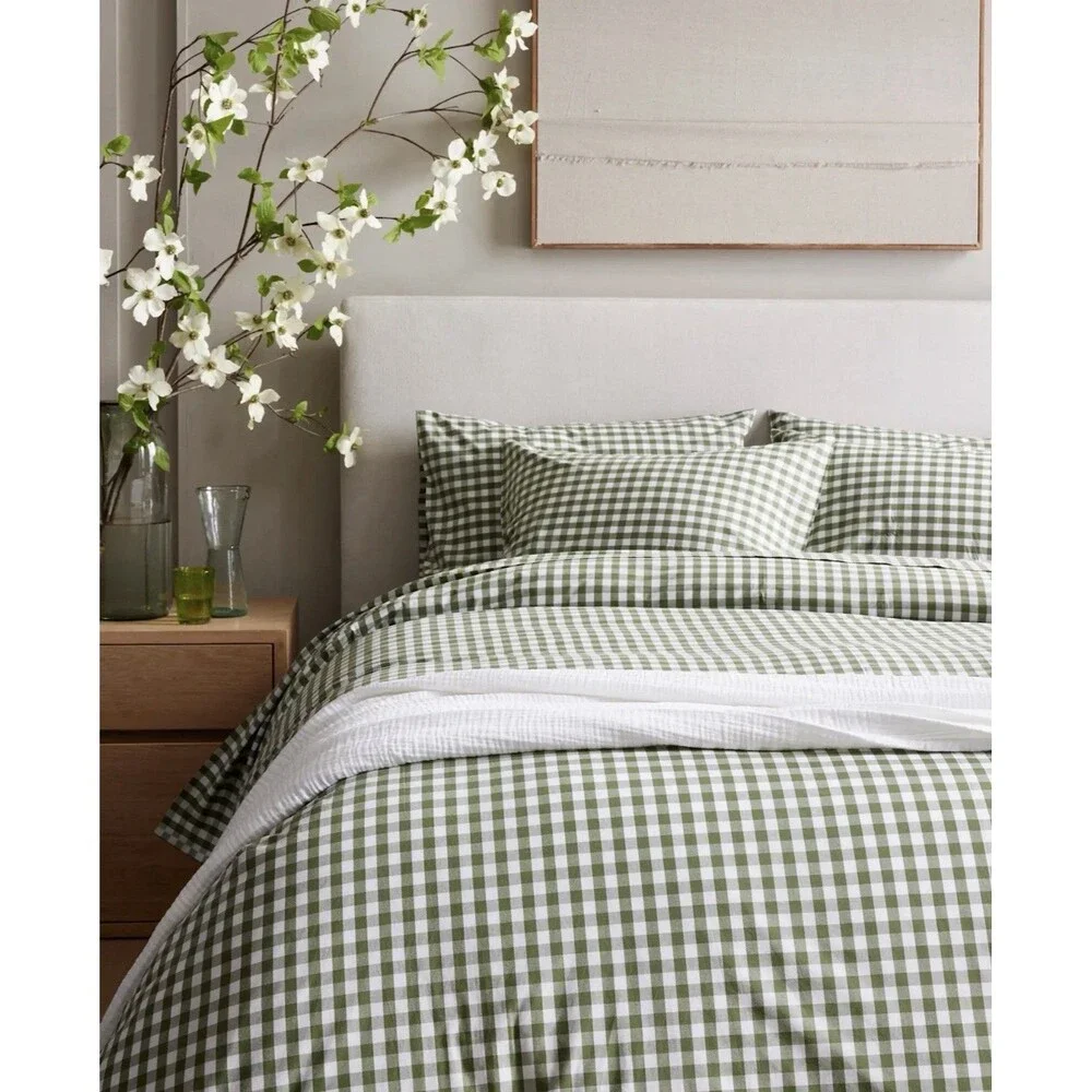 Quince Organic Crisp Percale Duvet Cover Set King| Cal King Cotton Gingham Olive